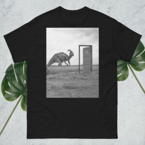A Parasaurolophus chilling by an old fence on a t-shirt.